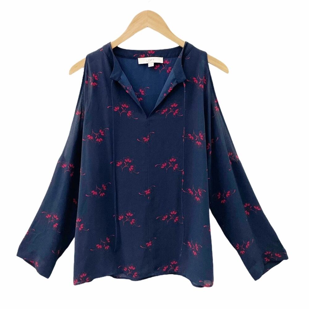 Loft Tie Neck Cold Shoulder Floral Top Size Medium
